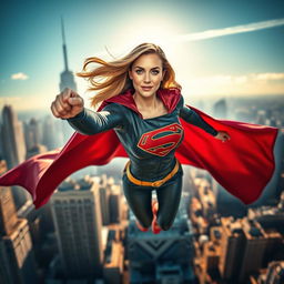 A powerful superheroine in a high-flying action pose, capturing the essence of invincibility and strength with a long flowing cape and emblem on her chest, set in a vibrant, dynamic cityscape background, iconic skyscrapers stretching into the sky