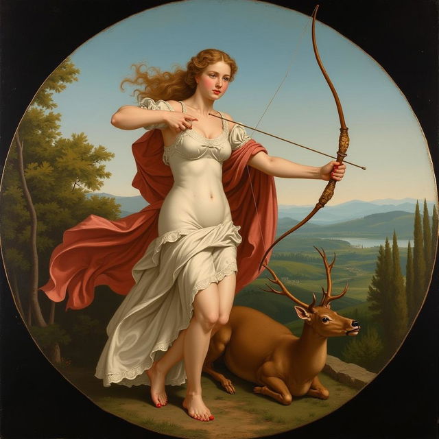 A painting of Diana the Huntress from mythology, illustrated in the style of Raphael