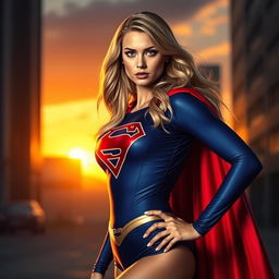 Supergirl in a tasteful yet alluring pose, featuring her iconic costume with the red cape flowing behind her, in an urban setting with a dramatic sunset