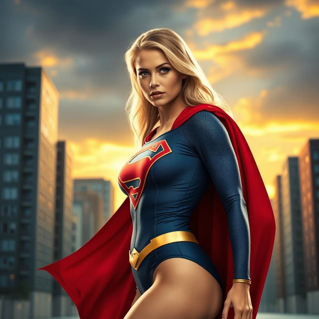 Supergirl in a tasteful yet alluring pose, featuring her iconic costume with the red cape flowing behind her, in an urban setting with a dramatic sunset