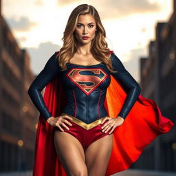 Supergirl in a tasteful yet alluring pose, featuring her iconic costume with the red cape flowing behind her, in an urban setting with a dramatic sunset