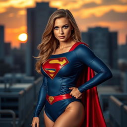 Supergirl in a tasteful yet alluring pose, featuring her iconic costume with the red cape flowing behind her, in an urban setting with a dramatic sunset