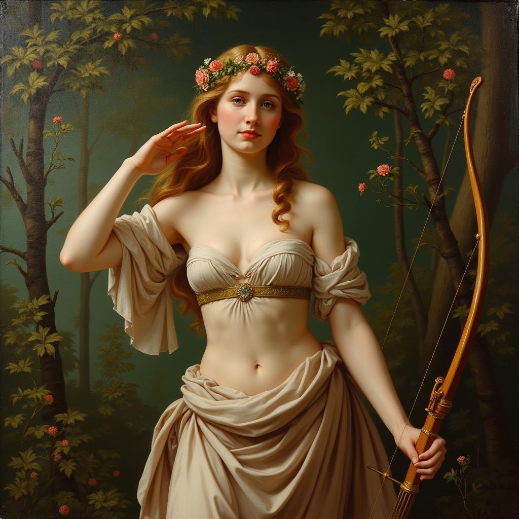 A painting of Diana the Huntress from mythology depicted in the style of Raphael