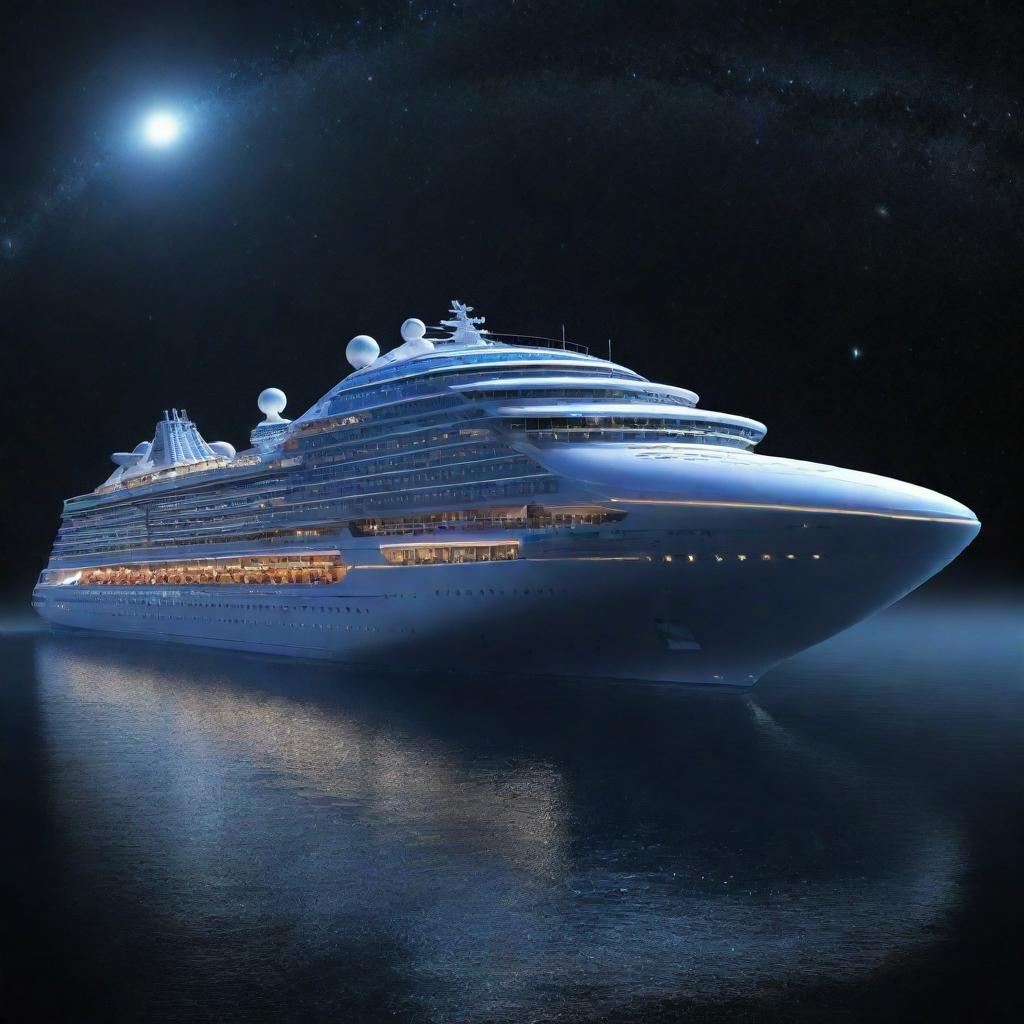 A massive, futuristic cruise ship with a sleek design, adorned with glowing lights, gently floating in the vast expanse of outer space amidst stars and distant galaxies.