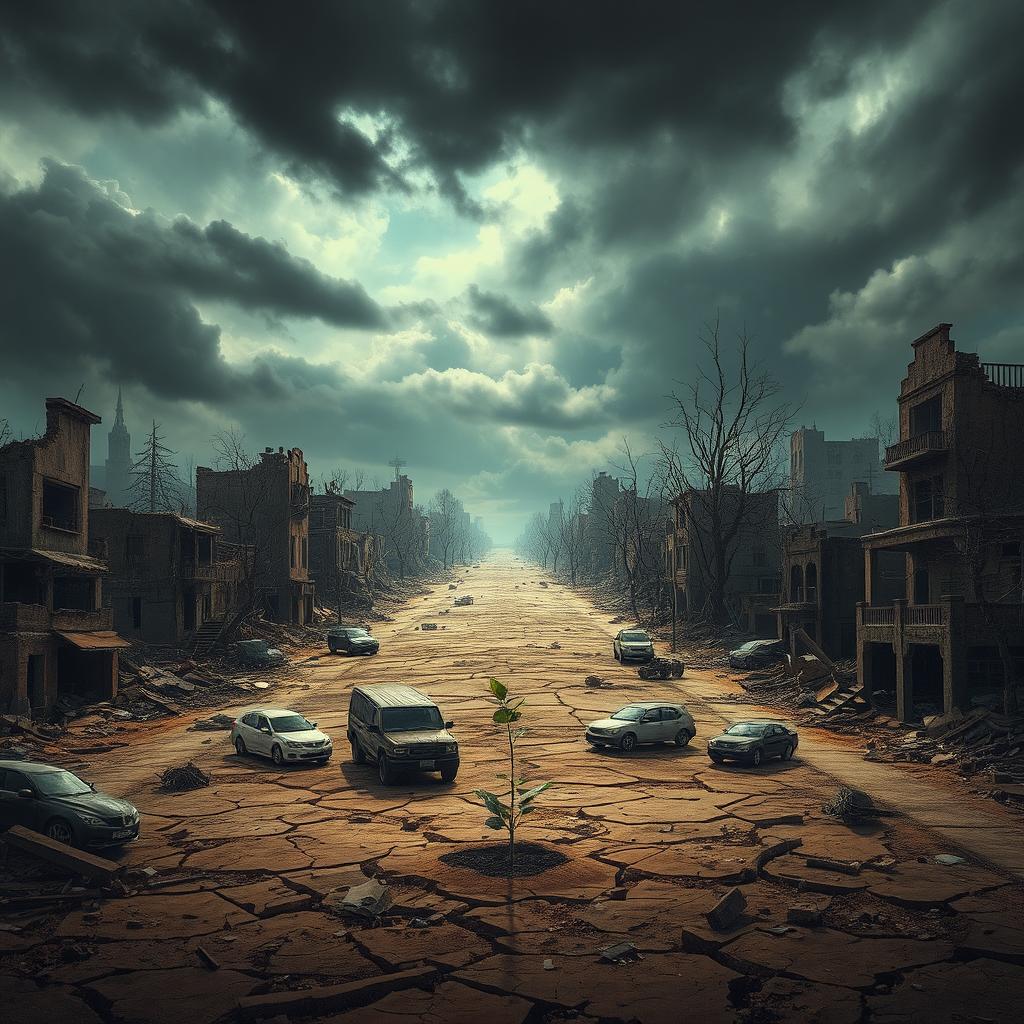 A world in ruins, depicting a post-apocalyptic landscape filled with crumbling buildings and desolate streets