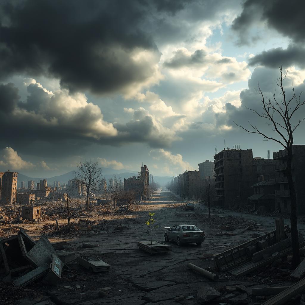 A world in ruins, depicting a post-apocalyptic landscape filled with crumbling buildings and desolate streets