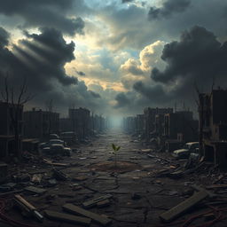 A world in ruins, depicting a post-apocalyptic landscape filled with crumbling buildings and desolate streets