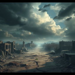 A world in ruins, depicting a post-apocalyptic landscape filled with crumbling buildings and desolate streets