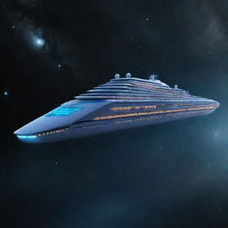 A massive, futuristic cruise ship with a sleek design, adorned with glowing lights, gently floating in the vast expanse of outer space amidst stars and distant galaxies.