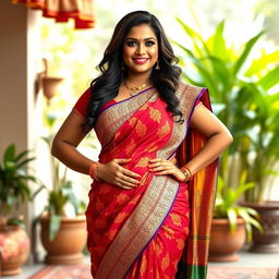 A voluptuous Indian woman in a traditional saree, showcasing her ample curves with elegance and poise