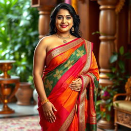 A voluptuous Indian woman in a traditional saree, showcasing her ample curves with elegance and poise