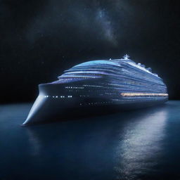 A massive, futuristic cruise ship with a sleek design, adorned with glowing lights, gently floating in the vast expanse of outer space amidst stars and distant galaxies.