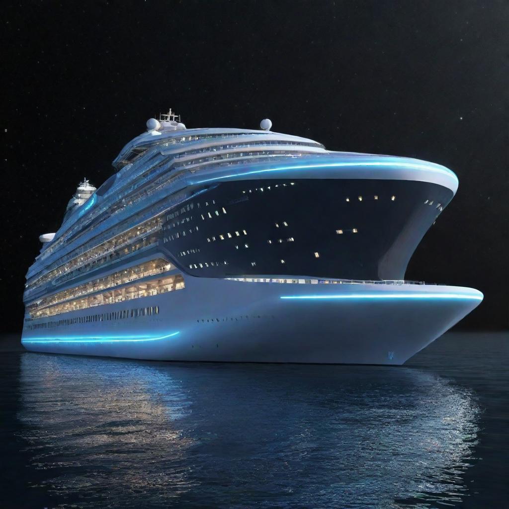 A massive, futuristic cruise ship with a sleek design, adorned with glowing lights, gently floating in the vast expanse of outer space amidst stars and distant galaxies.