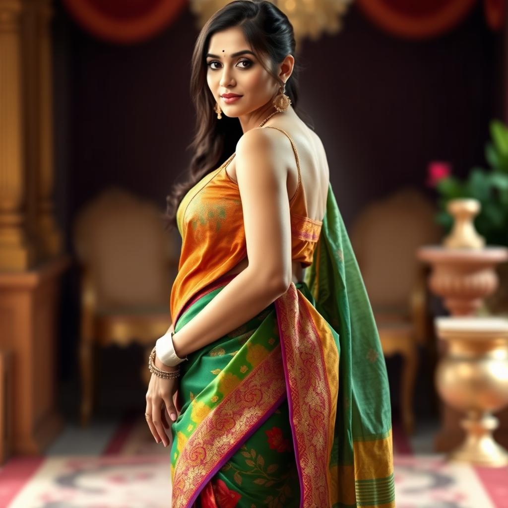 A voluptuous Indian woman in a traditional saree, draped in a way that subtly reveals her curves and enhances her natural beauty