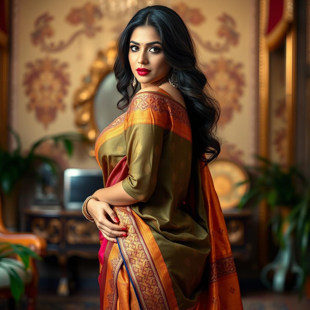 A voluptuous Indian woman in a traditional saree, draped in a way that subtly reveals her curves and enhances her natural beauty