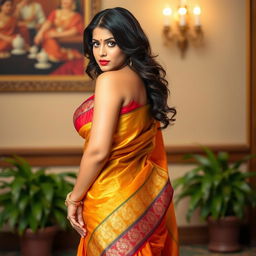 A voluptuous Indian woman in a traditional saree, draped in a way that subtly reveals her curves and enhances her natural beauty