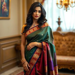 A voluptuous Indian woman in a traditional saree, draped in a way that subtly reveals her curves and enhances her natural beauty