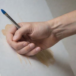 A detailed close-up of a hand gripping a paintbrush mid-stroke, capturing the dynamic motion and tactile sensation of painting.