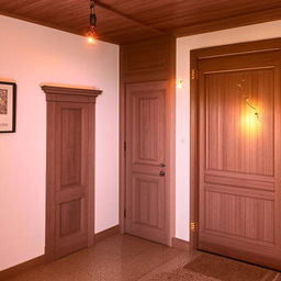 An aesthetic interior scene featuring a wooden-framed classic entrance door, a simple styled bed, ascetic car posters on a wall with vintage white paint. A wooden window boosts the ascetic theme, lit by LED lights. An AC unit adorns the side wall.