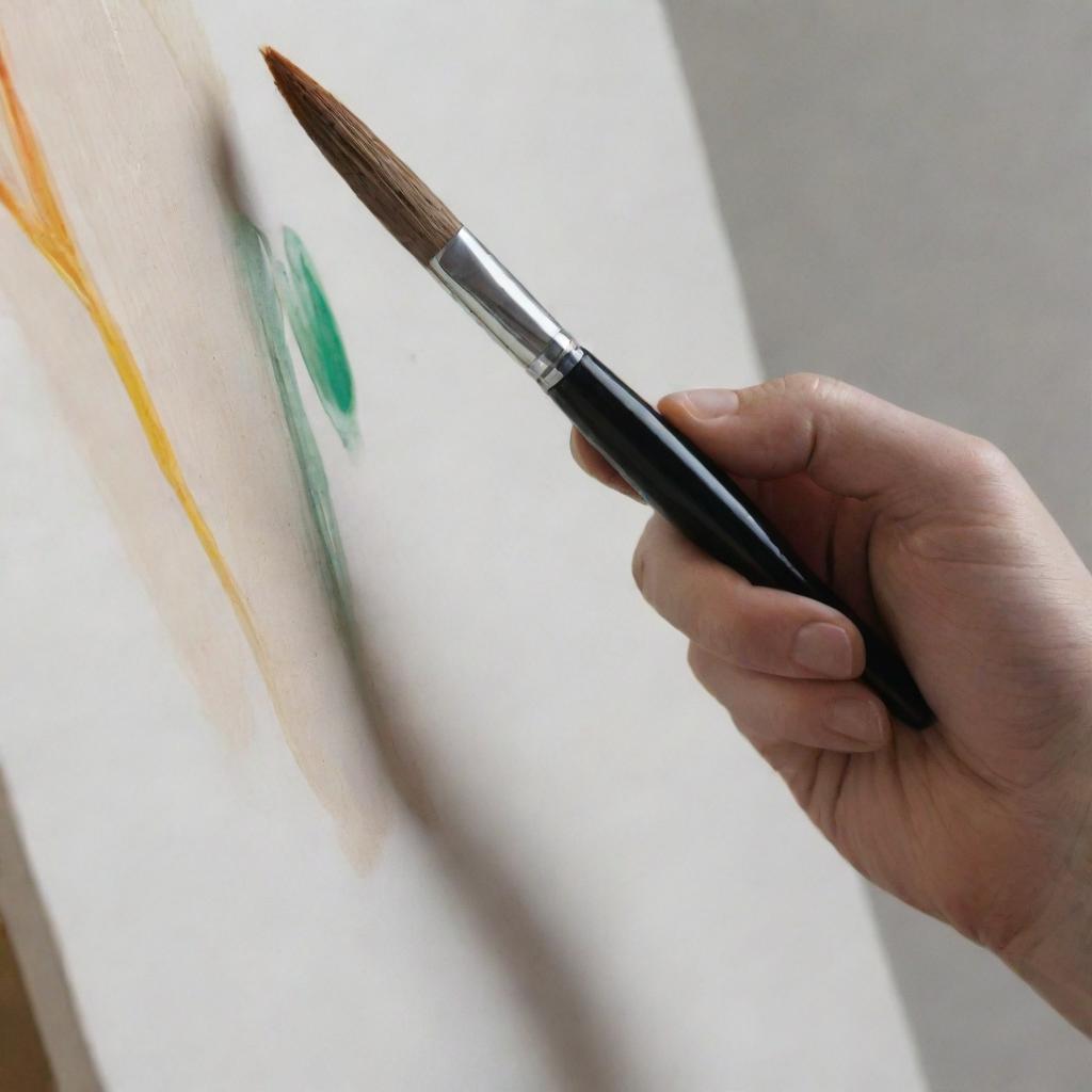 A detailed close-up of a hand gripping a paintbrush mid-stroke, capturing the dynamic motion and tactile sensation of painting.