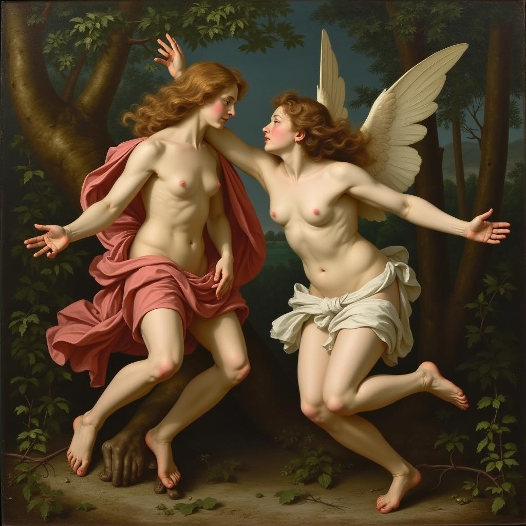 A painting portraying the mythology of nymphs and a satyr, in the style of Raphael