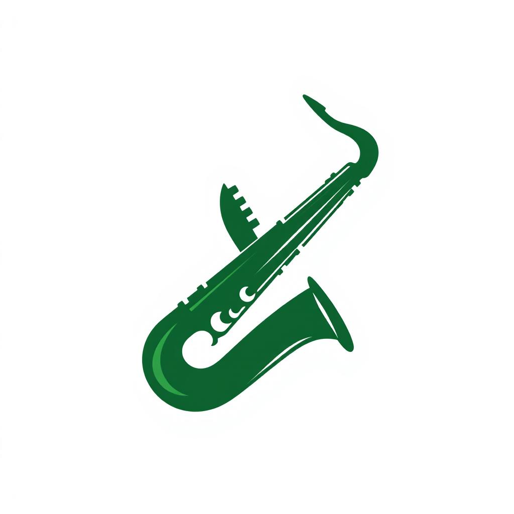 Dark green saxophone logo on a white background, sleek and modern design, clean lines and elegant curves