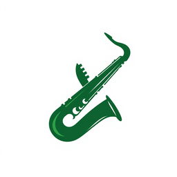 Dark green saxophone logo on a white background, sleek and modern design, clean lines and elegant curves