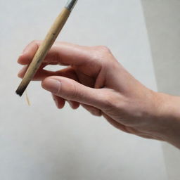 A detailed close-up of a hand gripping a paintbrush mid-stroke, capturing the dynamic motion and tactile sensation of painting.