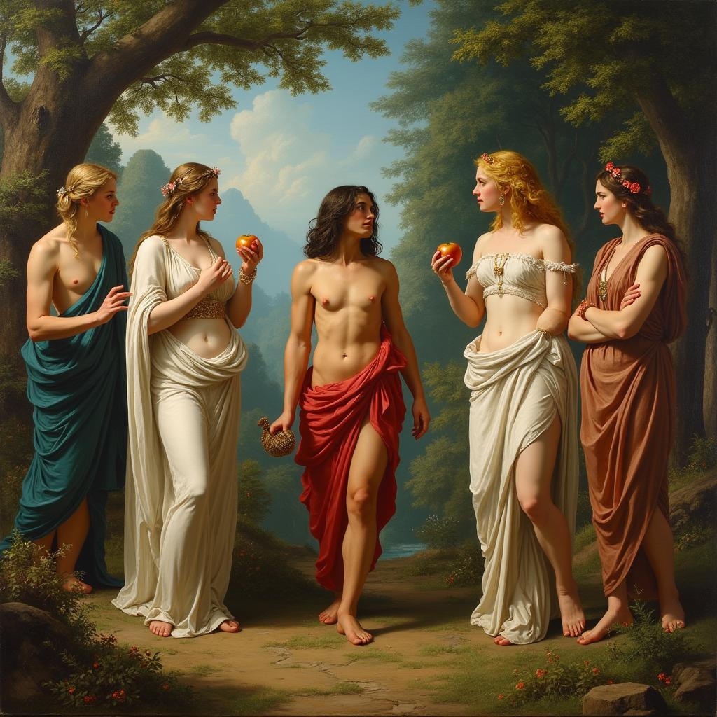 A painting capturing the mythological scene of the Judgment of Paris