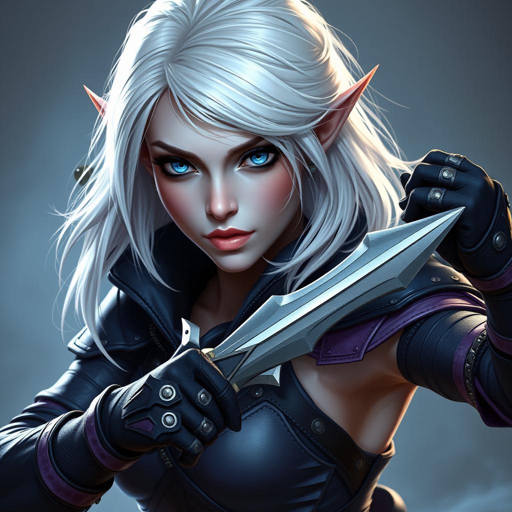 A female dark elf rogue with medium length white hair and ice blue eyes