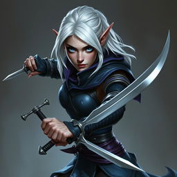 A female dark elf rogue with medium length white hair and ice blue eyes