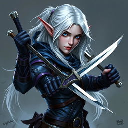 A female dark elf rogue with medium length white hair and ice blue eyes