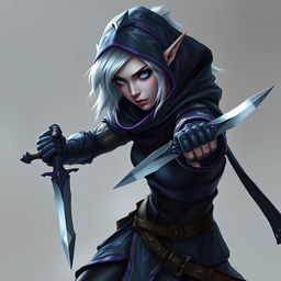 A female dark elf rogue with medium length white hair and ice blue eyes