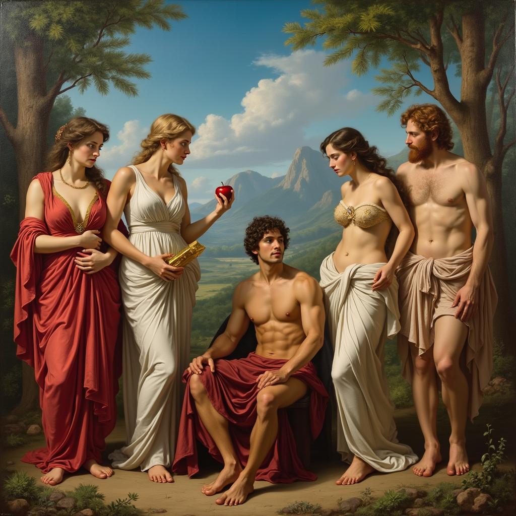 A painting of the mythological scene, the Judgment of Paris