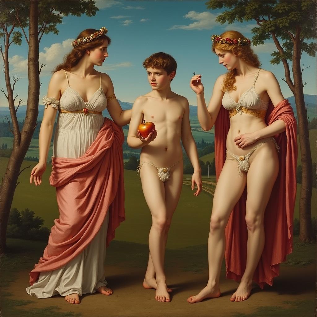 A painting of the mythological scene 'The Judgment of Paris,' styled in the manner of Raphael