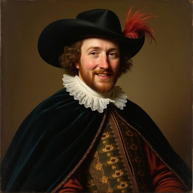 A painting of a 17th-century Dutch merchant, styled after the artwork of Frans Hals