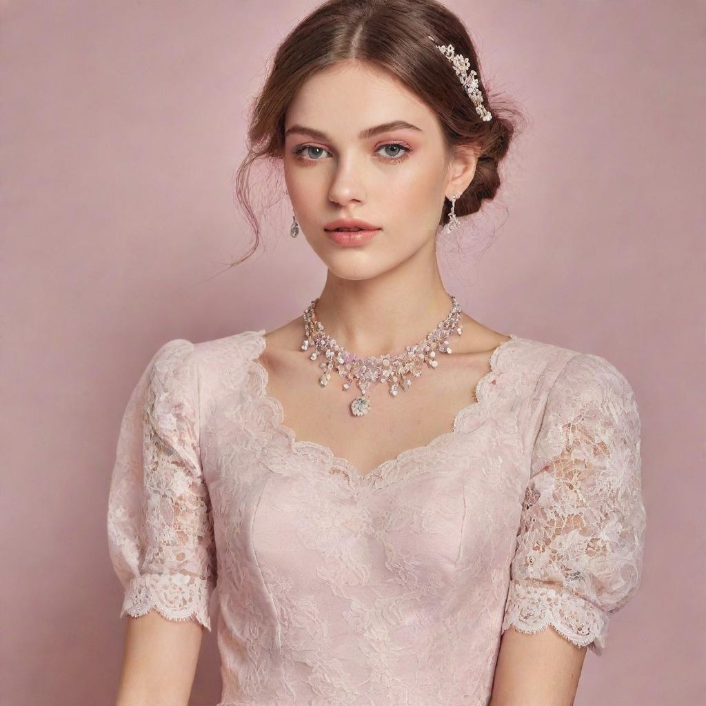 Generate an image of a feminine and coquettish style, featuring elements like soft pastel colors, lace detailing, and delicate jewelry.