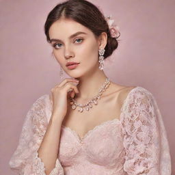 Generate an image of a feminine and coquettish style, featuring elements like soft pastel colors, lace detailing, and delicate jewelry.