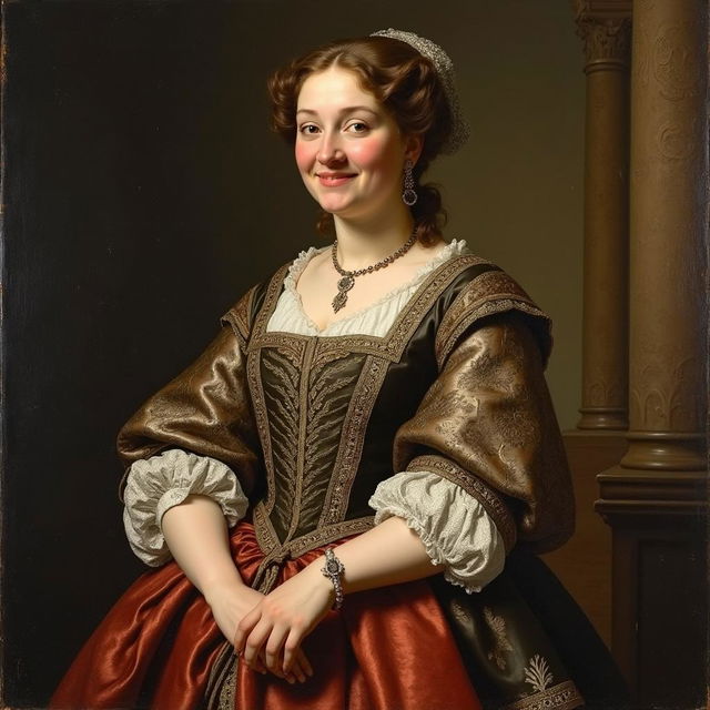 A painting of a wealthy 17th-century Dutch woman, portrayed in the style of Frans Hals