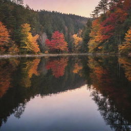 Generate a serene landscape image featuring a sunset over a tranquil lake surrounded by an autumn-colored forest