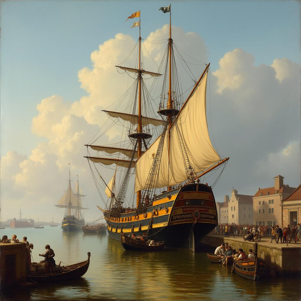 A painting of a Dutch cargo boat, depicted in the style of Frans Hals