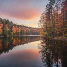 Generate a serene landscape image featuring a sunset over a tranquil lake surrounded by an autumn-colored forest