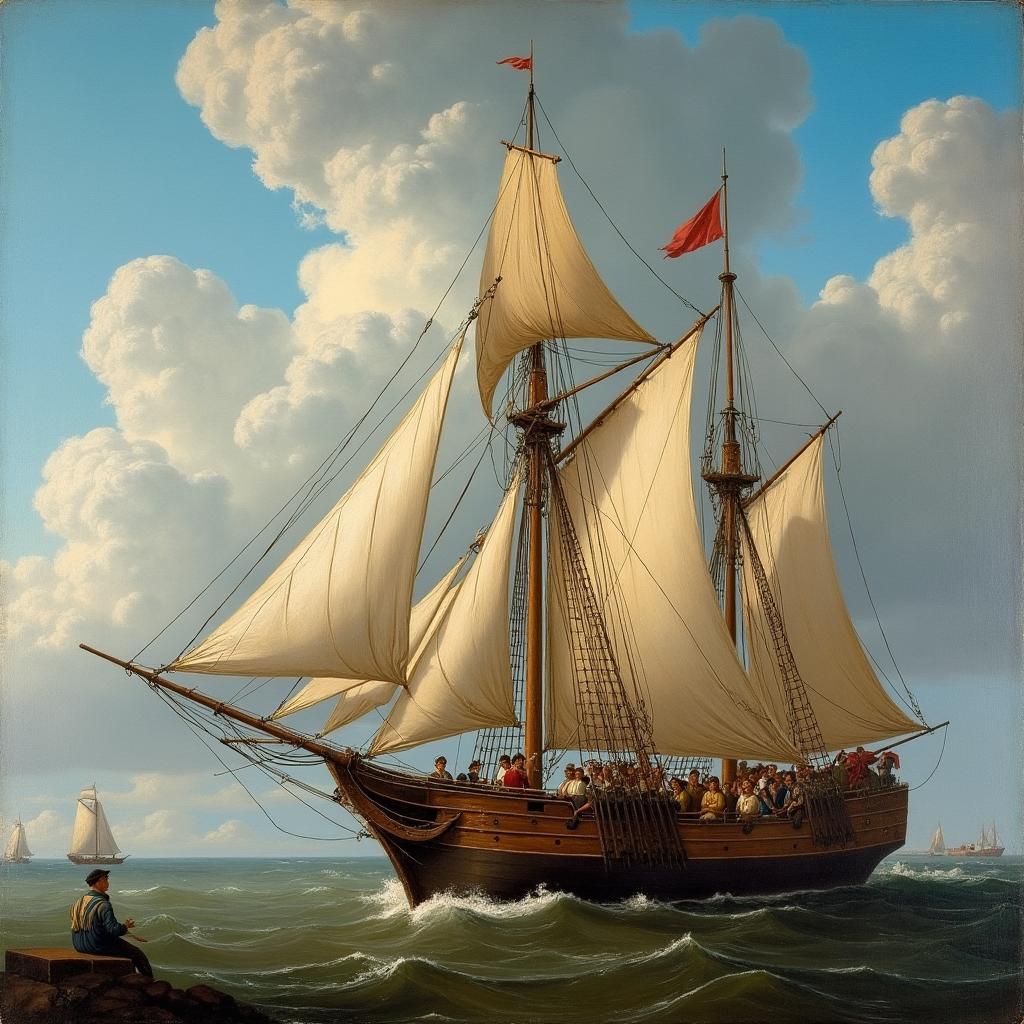 A painting of a Dutch cargo boat, capturing the bustling maritime commerce of the Dutch Golden Age in the style of Frans Hals