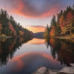 Generate a serene landscape image featuring a sunset over a tranquil lake surrounded by an autumn-colored forest