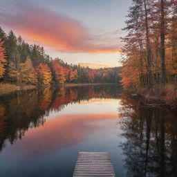 Generate a serene landscape image featuring a sunset over a tranquil lake surrounded by an autumn-colored forest