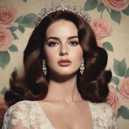 Render an artistic composition of Lana Del Rey, the American singer-songwriter, characterized by her signature vintage Hollywood glamour aesthetics.