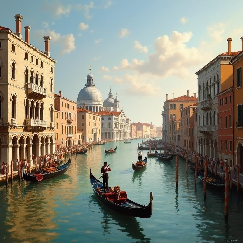 A painting of 18th century Venice, Italy, in the style of Canaletto