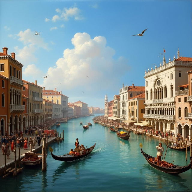 A painting depicting 18th-century Venice, Italy, capturing the vibrant and bustling atmosphere of the city in the style of Canaletto