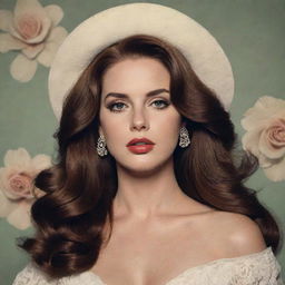 Render an artistic composition of Lana Del Rey, the American singer-songwriter, characterized by her signature vintage Hollywood glamour aesthetics.