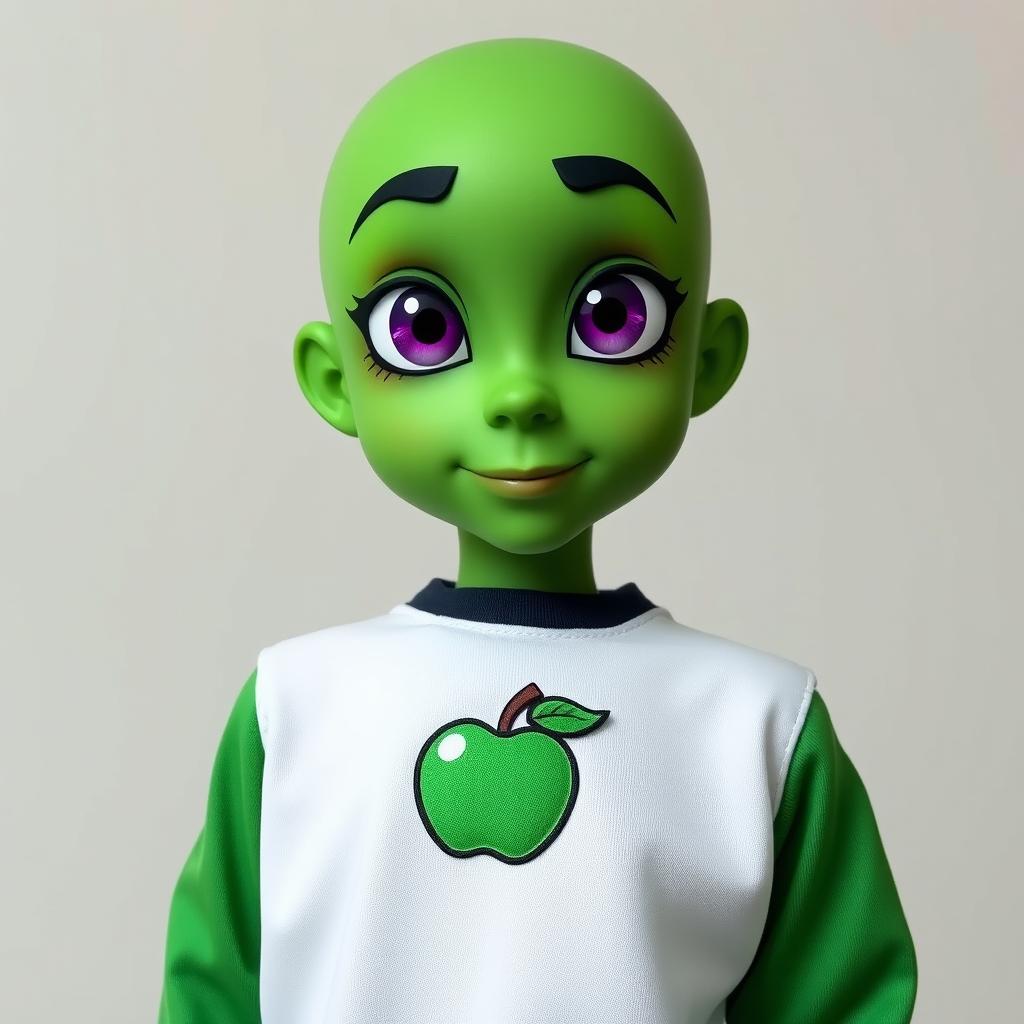 A character with a green face and purple eyes, wearing a white shirt featuring an emblem of a green apple, and green sleeves